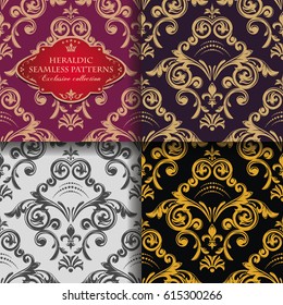 Seamless vintage floral ornament. Eastern colored heraldic patterns. Golden leaves and lilies. Asian style. Texture for packaging, wallpaper, textiles. Vector illustration.