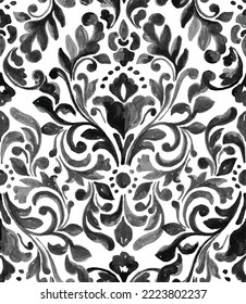 Seamless vintage floral and ornamental watercolor paint pattern for fabric, wallpaper, ceramic tile. black and white royal abstract background. Classic damask, hand drawn floral design.