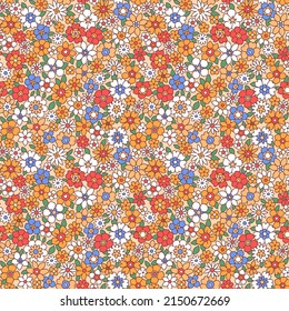 Seamless vintage floral pattern. Abstract colorful flowers on beige background. Delicate flowers in 60s -70s style. Stock vector for prints on surface.