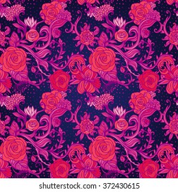 Seamless vintage floral pattern background with flowers of rose or peony. Isolated vector illustration. Design for fabrics, textiles, paper, wallpaper, web. Retro hand drawn ornament. Victorian style.