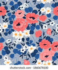 Seamless vintage floral pattern. Beautiful pink peonies  flowers and blue leaves on lilac background. Delicate flowers in modern style. Stock vector for prints on surface.
