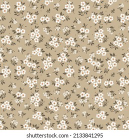 Patrón floral vintage sin foco. Hermosas flores blancas con un fondo beige gris. Flores delgadas de estilo marrón. Vector de material para impresiones en la superficie.