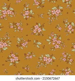 Seamless vintage floral pattern. Beautiful pink flowers and outline green leaves on gold mustard background. Delicate flowers in ditsy style. Stock vector for prints on surface.