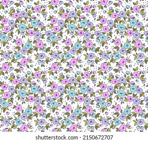 Seamless vintage floral pattern. Beautiful purple, blue, pink and lilac flowers on white background. Delicate flowers in ditsy style. Stock vector for prints on surface. Vintage template for prints.