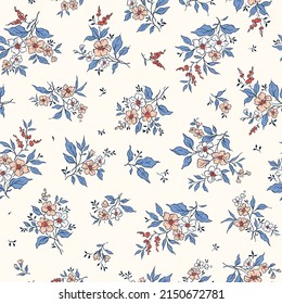 Seamless vintage floral pattern. Beautiful coral pink flowers and blue leaves on white background. Delicate flowers in liberty style. Stock vector for prints on surface.