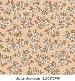 Seamless vintage floral pattern. Beautiful white flowers and gold leaves on beige background. Delicate flowers in ditsy style. Stock vector for prints on surface.