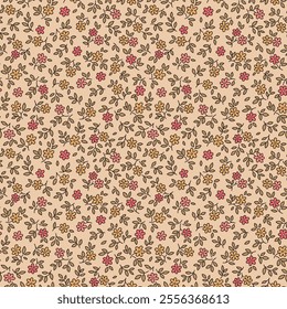 Seamless vintage floral pattern. Beige background, yellow and pink flowers, gray green leaves. Vector print with a liberty motif. Trendy design for surface. Retro style. Vector template