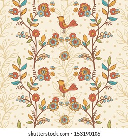 Seamless vintage floral pattern with birds and flowers.