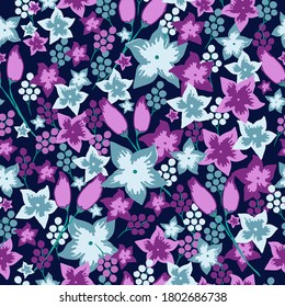 Seamless vintage floral pattern. Blue and purple flowers on a dark background. The print is suitable for Wallpaper.