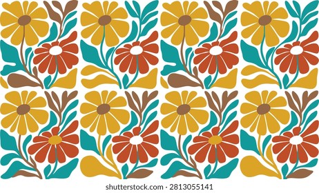 Seamless vintage floral pattern with bold yellow and red blossoms, teal leaves, and brown stems for textiles, wallpaper and fabric design. Flat vector illustration eps 10.