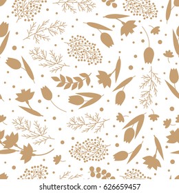 Seamless vintage floral pattern. Brown silhouettes of flowers, branches and leaves on white background. Vector illustration.