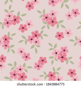 seamless vintage floral pattern with cluster of pink flowers and green leaves on beige background vector.