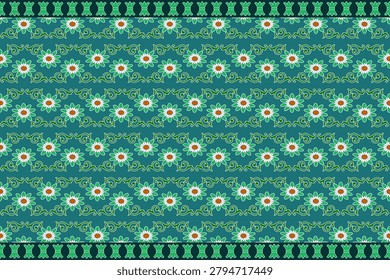 Seamless Vintage Floral Pattern with Daisies and Ornamental Vines on Blue Background