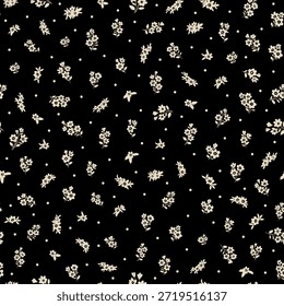 Patrón floral vintage sin fisuras con delicadas flores de crema sucia y pequeñas hojas sobre un fondo negro profundo. Elegante diseño botánico ideal para textiles, Fondo de pantalla, embalaje, papelería y decoración