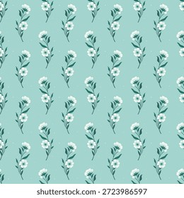 Padrão floral vintage sem emenda com delicadas flores silvestres brancas no fundo azul-petróleo pastel