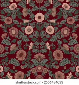 Seamless vintage floral pattern  with elegant flowers on a dark background. Designed in trendy 2025 'Mocha Mousse' for a sophisticated, timeless appeal.