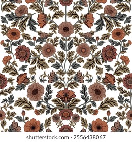 Seamless vintage floral pattern  with elegant flowers on a dark background. Designed in trendy 2025 'Mocha Mousse' for a sophisticated, timeless appeal.