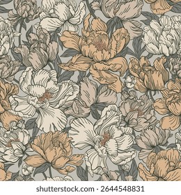 Seamless vintage floral pattern featuring detailed peony blossoms. Soft beige and earthy tones, set against a muted gray background. Design perfect for wallpapers, textiles, stationery, and packaging.