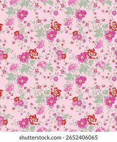 A seamless vintage floral pattern featuring hand-drawn pink and red roses, green leaves, and delicate small flowers on a soft pastel pink background. Ideal for textile design, wallpaper, fabric prints