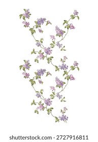 Patrón floral vintage sin fisuras con delicadas flores de lila y hojas verdes sobre un fondo blanco. Elegante ilustración botánica con flores de estilo pintadas a mano dispuestas en un diseño repetitivo, perfecto para Fondo de pantalla, tela, impresiones textiles, papel de regalo, papelería, decoración del hogar y diseño de patrones de superficie.
