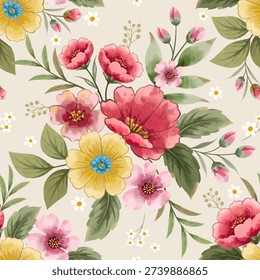 Seamless vintage floral pattern featuring pink red yellow blossoms and green leaves in a nature-inspired vector illustration for fabric textile wallpaper fashion print wallpaper design