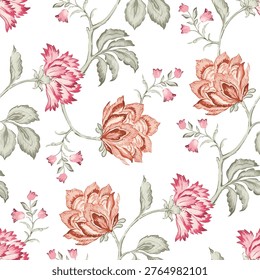 Seamless vintage floral pattern featuring large pink and peach blooming flowers with sage green leaves on a clean white background.