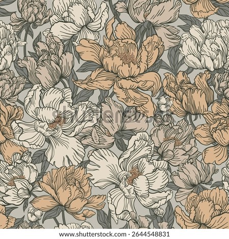 Seamless vintage floral pattern featuring detailed peony blossoms. Soft beige and earthy tones, set against a muted gray background. Design perfect for wallpapers, textiles, stationery, and packaging.