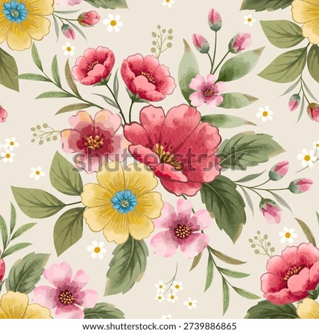 Seamless vintage floral pattern featuring pink red yellow blossoms and green leaves in a nature-inspired vector illustration for fabric textile wallpaper fashion print wallpaper design