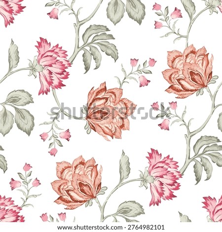 Seamless vintage floral pattern featuring large pink and peach blooming flowers with sage green leaves on a clean white background.