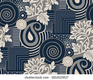 Seamless vintage floral pattern with geometrical shapes