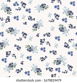 Seamless vintage floral pattern for gift wrap and fabric design. Leaves, blueberry and blue flowers