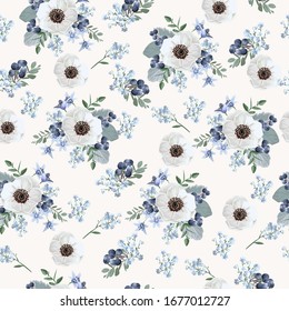 Seamless vintage floral pattern for gift wrap and fabric design. White anemones, blueberry and blue flowers