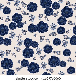 Seamless vintage floral pattern for gift wrap and fabric design. Blue anemones, blueberry and blue flowers
