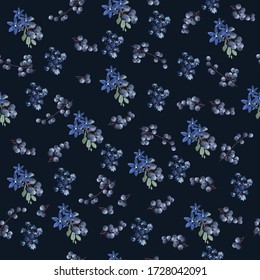 Seamless vintage floral pattern for gift wrap and fabric design. Blue flowers, blueberry and blue flowers