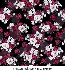 Seamless vintage floral pattern for gift wrap, fabric, cower and interior design. Roses, anemones and white flowers
