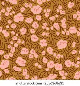 Seamless vintage floral pattern. Gold background, pink peonies flowers,  brown leaves. Vector print with a liberty motif. Trendy design for surface. Retro style. Vector template