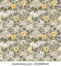 Patrón floral vintage sin costuras. Fondo gris, flores amarillas y blancas, hojas verdes grises. Estampado de Vector con motivo de libertad. Diseño de moda para la superficie. Estilo retro. Plantilla de Vector