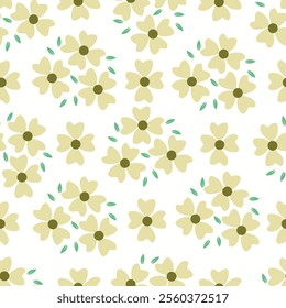 Seamless vintage floral pattern. Gray background, yellow and white flowers, gray green leaves. Vector print with a liberty motif. Trendy design for surface. Retro style. Vector template
