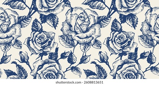 Seamless vintage floral pattern with hand drawn roses. Elegant botanical engraving perfect for textiles, wallpaper, wrapping paper, and decorative design. Vector illustration. Not AI generation