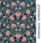 Seamless vintage floral pattern inspired by the Arts and Crafts movement, featuring roses, wild roses, cornflowers, and delicate buds. Perfect for wallpaper, textiles, wrapping paper,