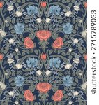 Seamless vintage floral pattern inspired by the Arts and Crafts movement, featuring roses, wild roses, cornflowers, and delicate buds. Perfect for wallpaper, textiles, wrapping paper,