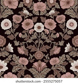 Seamless vintage floral pattern inspired by Morris style, featuring elegant flowers on a dark background. Designed with the trendy 2025 color "Mocha Mousse" for a refined and sophisticated look
