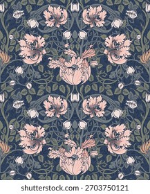 Patrón floral vintage sin fisuras inspirado en el movimiento Arts and Crafts, con rosas, rosas silvestres, flores de maíz y delicados brotes. Perfecto para el Fondo de pantalla, textiles, papel de embalaje, diseño de moda.