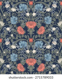 Patrón floral vintage sin fisuras inspirado en el movimiento Arts and Crafts, con rosas, rosas silvestres, flores de maíz y delicados brotes. Perfecto para el Fondo de pantalla, textiles, papel de embalaje,