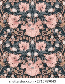 Padrão floral vintage perfeito inspirado no movimento Arts and Crafts, com rosas, rosas selvagens, flores de milho e botões delicados. Perfeito para papel de parede, têxteis, papel de embrulho,