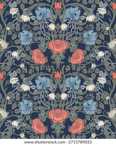 Seamless vintage floral pattern inspired by the Arts and Crafts movement, featuring roses, wild roses, cornflowers, and delicate buds. Perfect for wallpaper, textiles, wrapping paper,