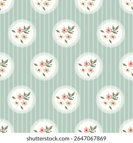 Padrão floral vintage sem costura com armações de círculo de renda. Um bonito e elegante com pequenas flores dentro delicados círculos de renda branca, definido em um fundo listrado verde macio. Perfeito para chic shabby 
