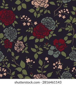 Seamless vintage floral pattern with large red, sage green and blush pink roses and leaves on dark charcoal background. Moody botanical vector illustration with classic Victorian style. Repeating seamless design for textile, fabric print, wallpaper, fashion. High resolution seamless pattern.