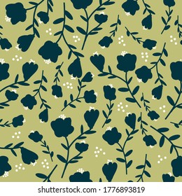 Seamless vintage floral pattern . Mustard background, dark blue flowers and leaves. The print is well suited for packaging.