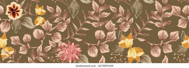 Patrón floral inconsútil de Antiguas sobre fondo marrón. Fondo de pantalla Botánico de Antiguas. Motivo de flores y hojas pintadas en tonos tierra suave. 

Repitiendo el diseño botánico con flores de crema y rosa

